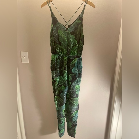 Topshop Women’s Green Palm Print Spaghetti Strap Romper Jumpsuit Size 4 - Picture 2 of 8